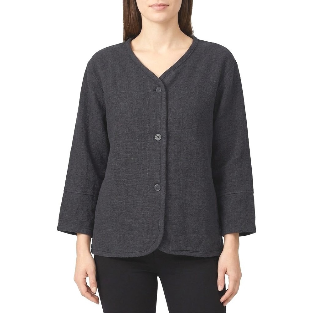 Country Store Jacket Womens L Black Textured Cotton Collarless Button Front Boxy